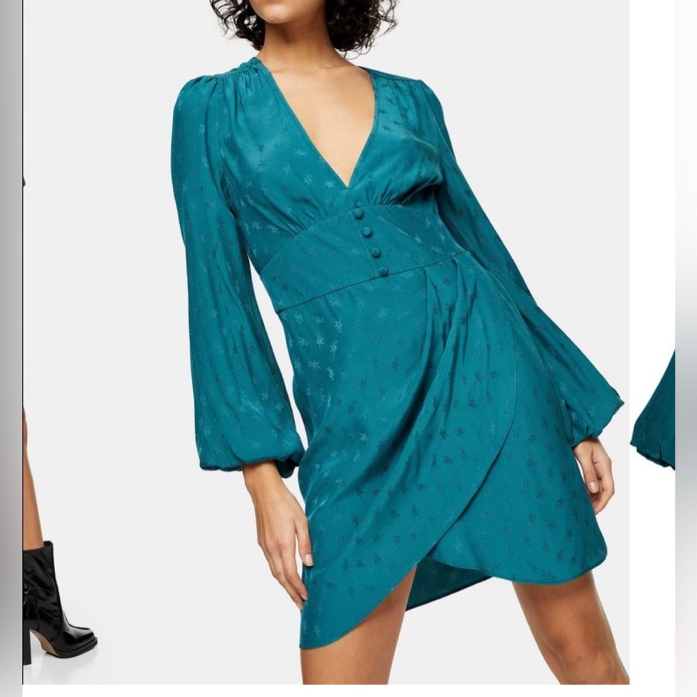 Topshop Emerald Green Floral Jacquard Long Sleeve Wrap Dress Mini Dress size 8